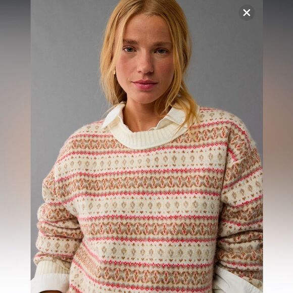 AE Whoa So Soft Fair Isle Crewneck Relaxed Knit Cream Tan Red Preppy Sweater - Picture 3 of 16